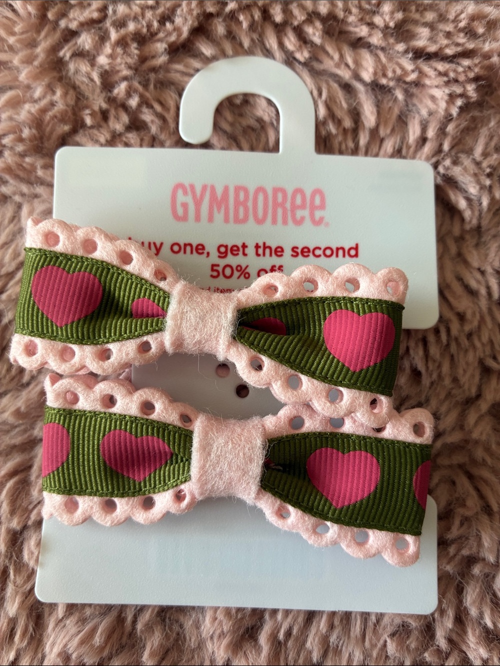 Gymboree Pink & Green Heart Ribbon Hair Clips - 2 Pack